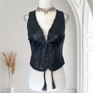Harley Davidson VTG Leather Fringe Studded Braided Biker Rock Zipper Vest Top S